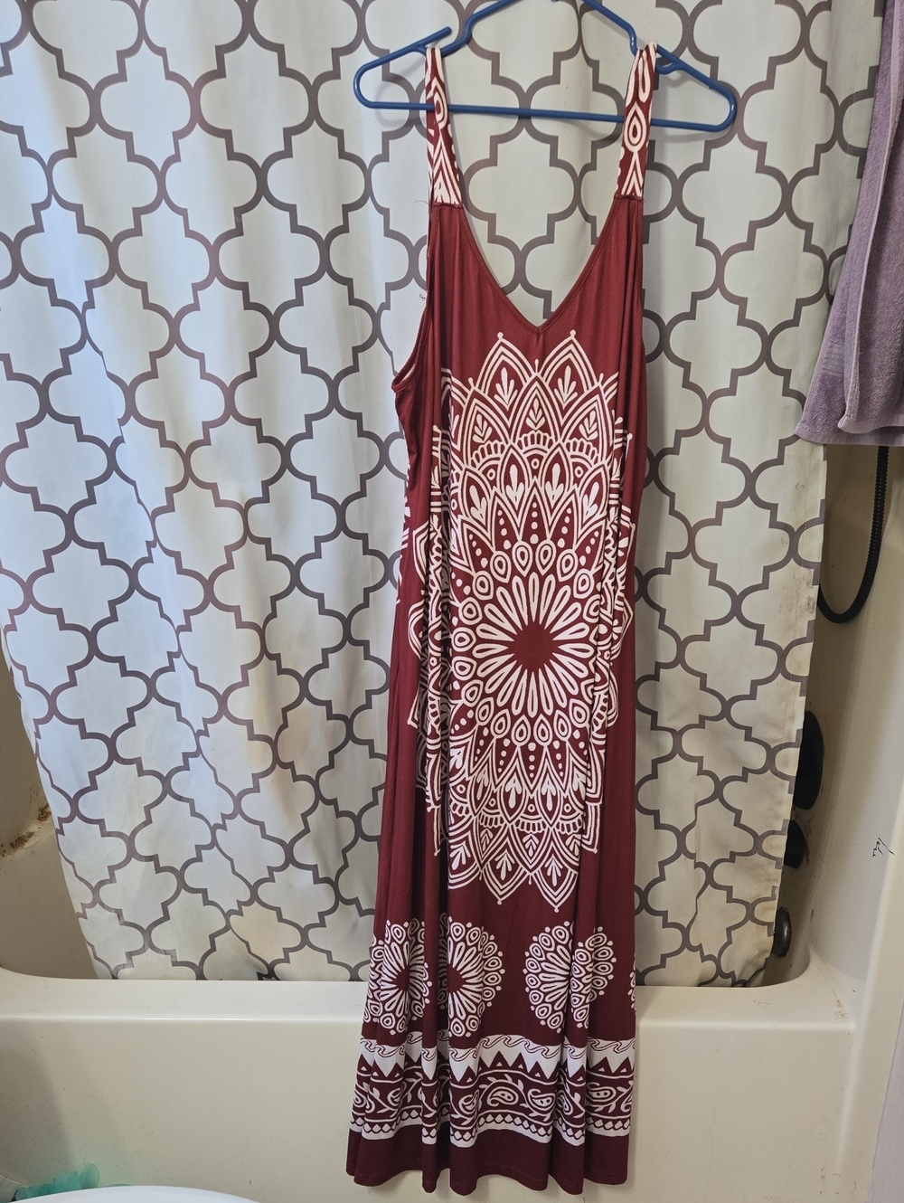 SHEIN Maroon Maxi Dress with White Mandala Print
